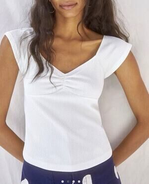 Maeve by Anthropologie White Textured Knit Ruched V-Neck Sleeveless Top L